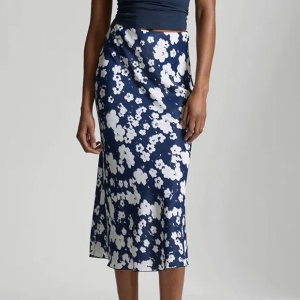 & Other Stories Blue and White Floral Satin Midi Pencil Skirt French Chic S